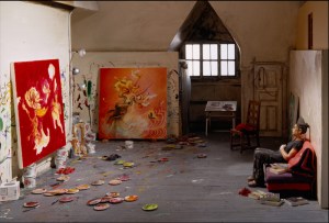 Inka Essenhigh in her studio.  Photograph of a sculpture by Joe Fig.